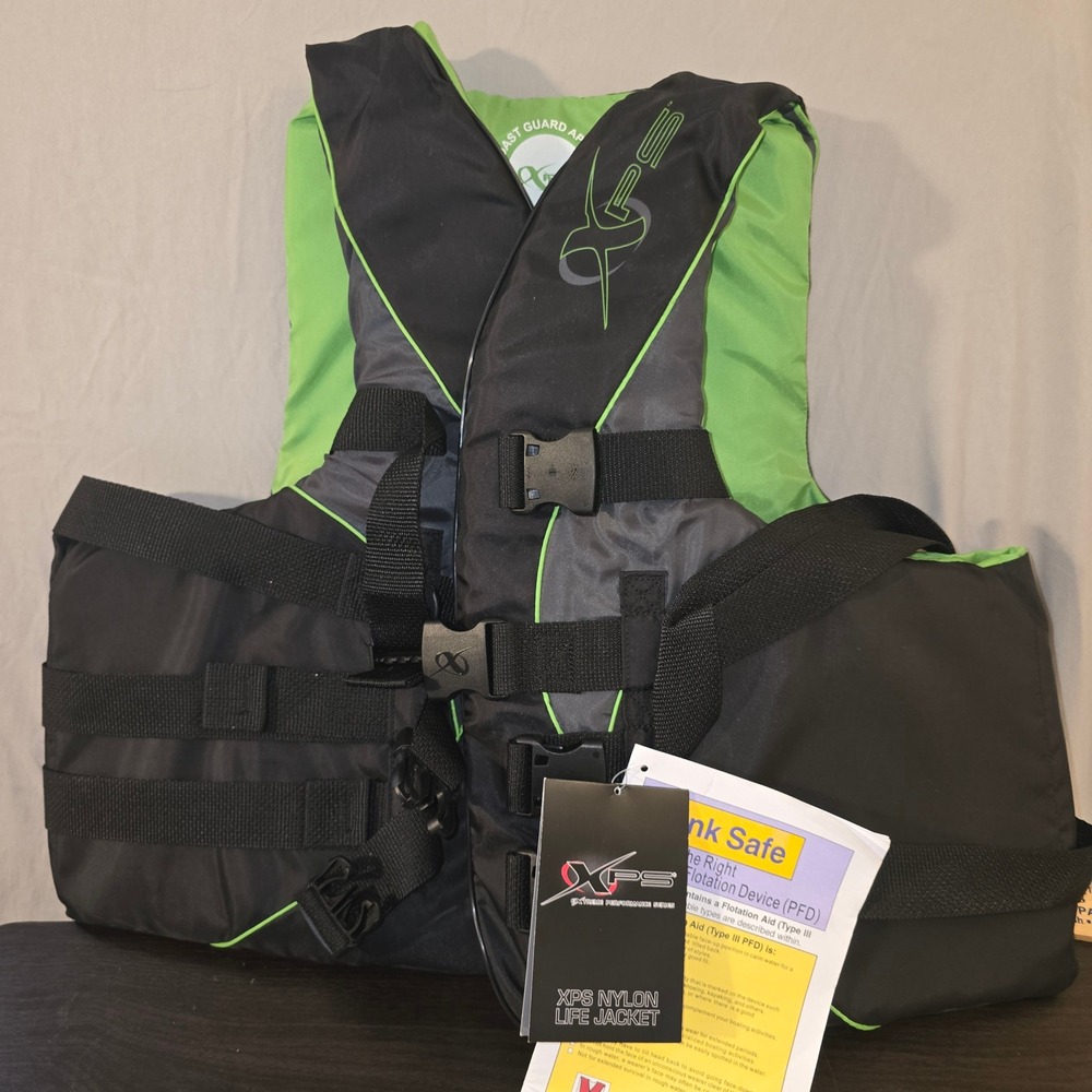 XPS Life Jacket XXL/XXXL Mens Black Green Nylon USCG Type III PFD 1693 NEW